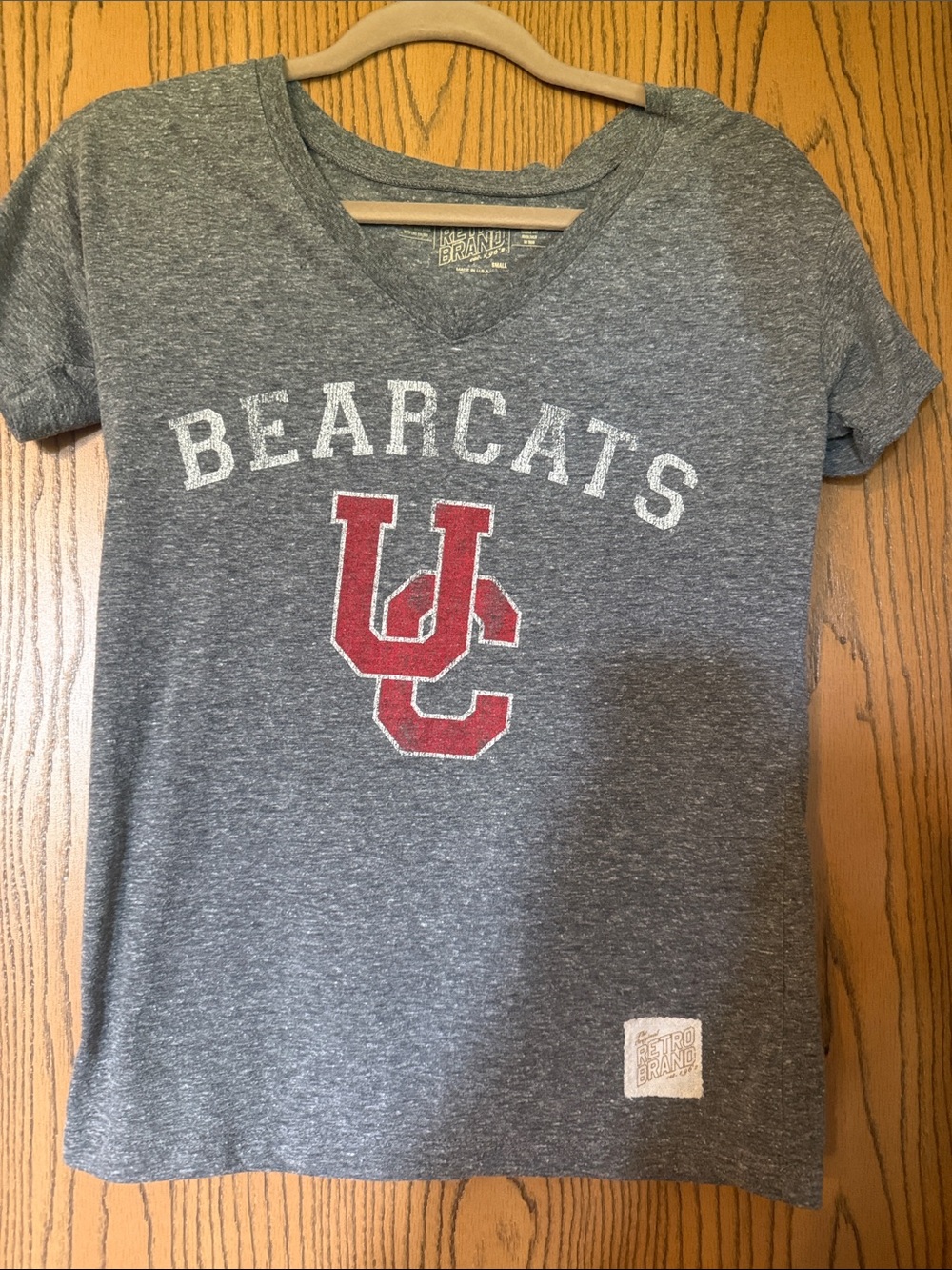 Original Retro Brand Heather Gray V-Neck Bearcats Tee with Red UC‎ Logo